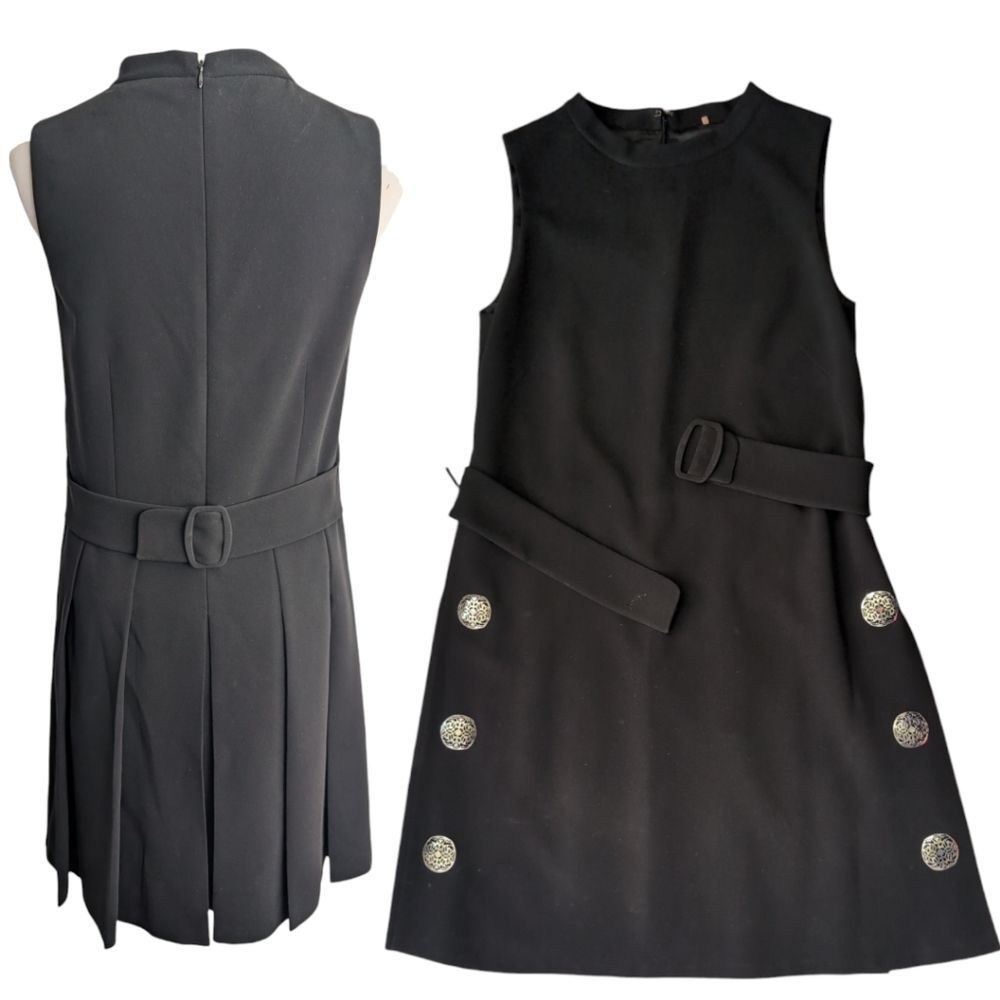 Ellie Tahari black belted a line twiggy dress  34"  size 4 button accents